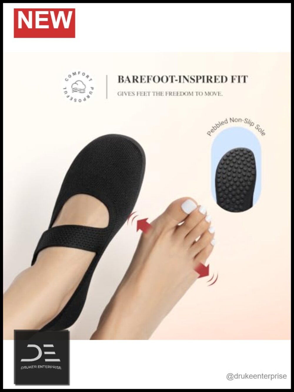 Stretchy Knit Mary Jane Flats - Wide Toe, Breathable, Machine Washable, Non-Slip - Picture 4 of 6